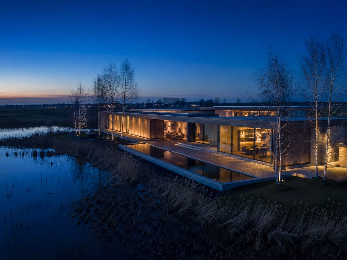Villa aan het Diep bij schemer, gezien vanaf het water